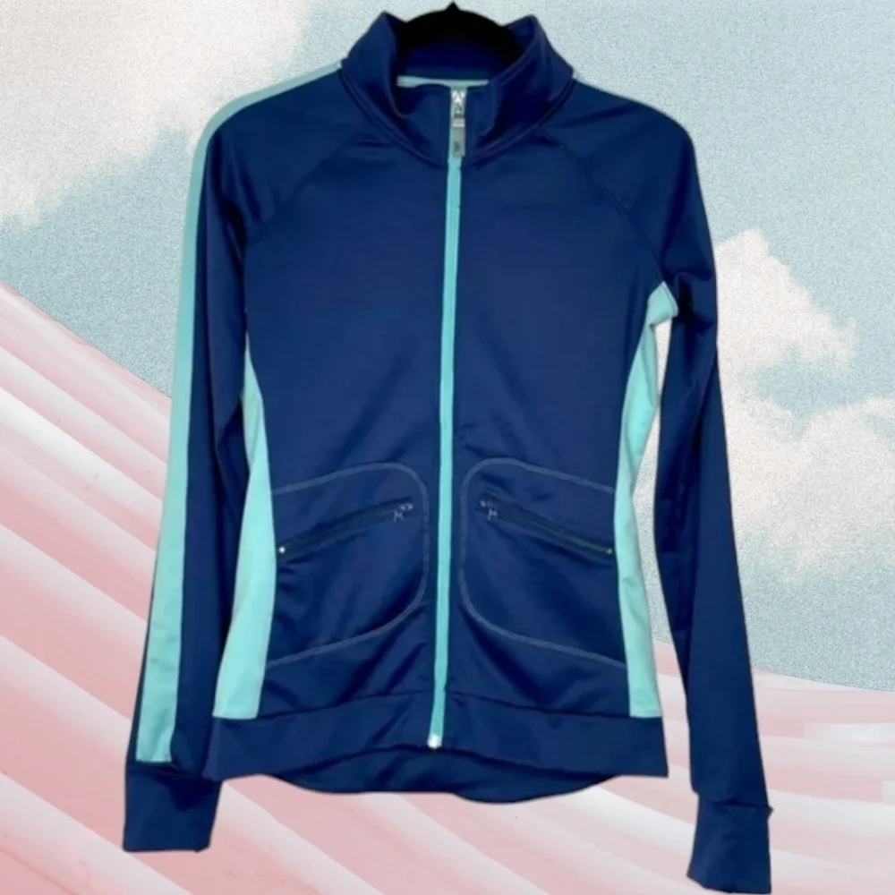 ALO Yoga CoolFit Women's Kata Performance Jacket Navy Aqua Size Medium Athletic